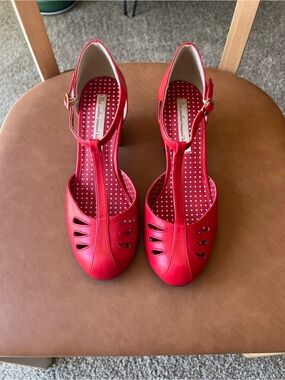 BAIT - Red T-Strap Women's Dress Heels - Vintage-Inspired